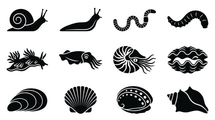Collection of Black Silhouettes of Various Mollusks and Invertebrates. © Hazelnut