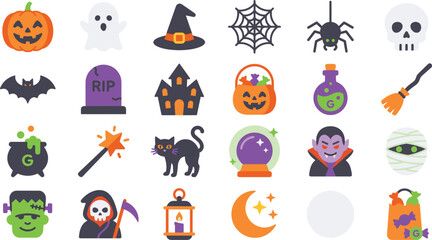 Fototapeta premium Halloween Icon Set, Flat Style Illustrations On White Background
