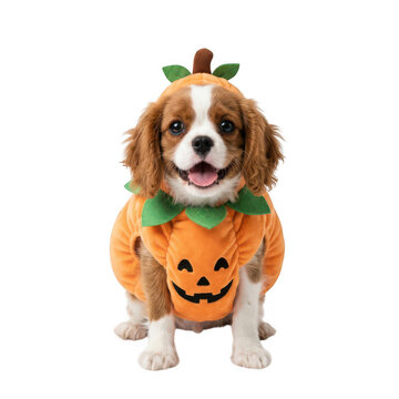 Cute cavalier king charles spaniel dog wearing a funny pumpkin halloween costume