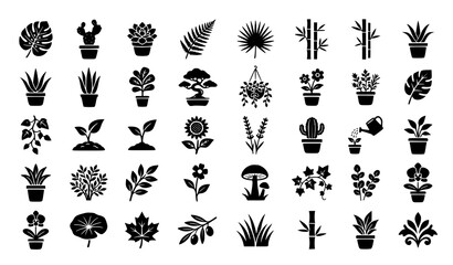 Fototapeta premium Plant Icon Set for Web Design Black Botanical Symbols Vector Isolated on White Background