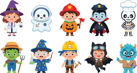 Obraz premium Halloween kids dressed up as professional workers and classic monsters vector illustration.