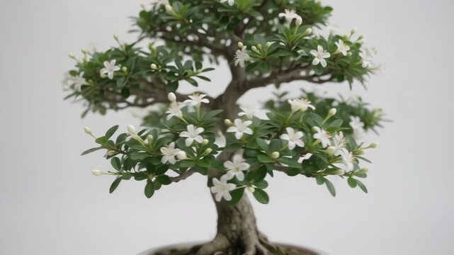 Minimalist Serissa foetida bonsai tree with small white flowers rotating slowly against a clean white background