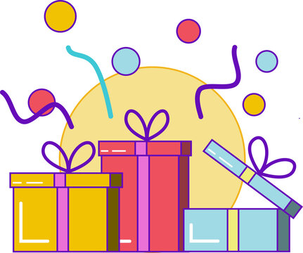 Showing flat art of four gifts with ribbons against yellow circle, confetti, transparent backdrop