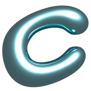 Glossy cyan-teal 3D C-shaped tube is sitting on transparent background, showing specular highlights