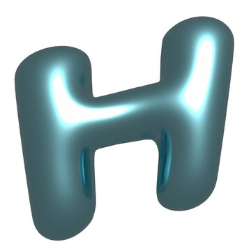 Glossy cyan-teal 3D H-shaped form is floating on transparent background with specular highlights