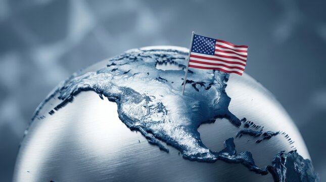 United states flag on metallic globe showing north america, concept of global politics and international relations.