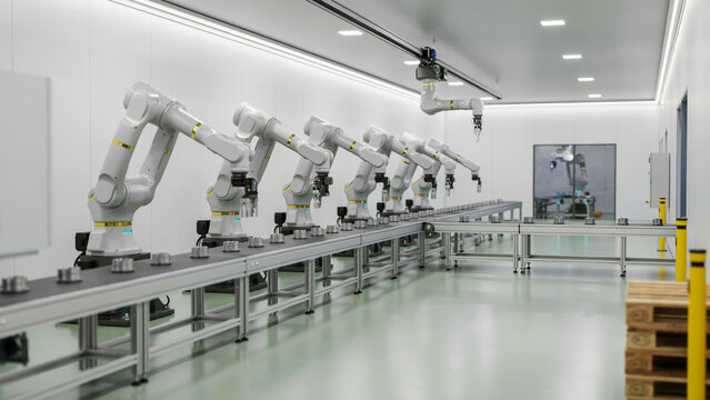 Advanced Automated Industrial Production Line with Multiple Robotic Arms in a High-Tech Sterile Environment