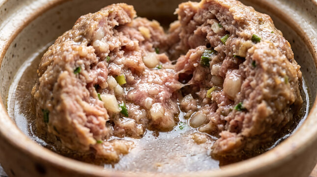Giant Huaiyang Style Braised Pork Lion's Head Meatball Cut Open Showing Juicy Tenderness and Clear Broth in Claypot Close-Up