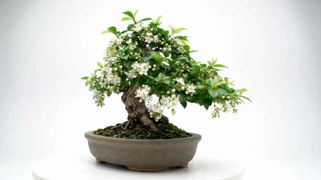 Minimalist Serissa foetida bonsai tree with small white flowers rotating slowly on a pure white background in a clean studio setting
