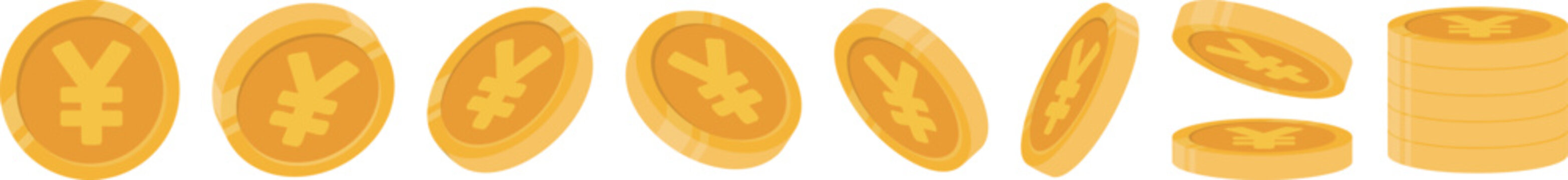 3D Gold Japanese Yen and Chinese Yuan Coin Vector Set in Multiple Angles with Falling Coins, Stacks, and JPY CNY Symbol