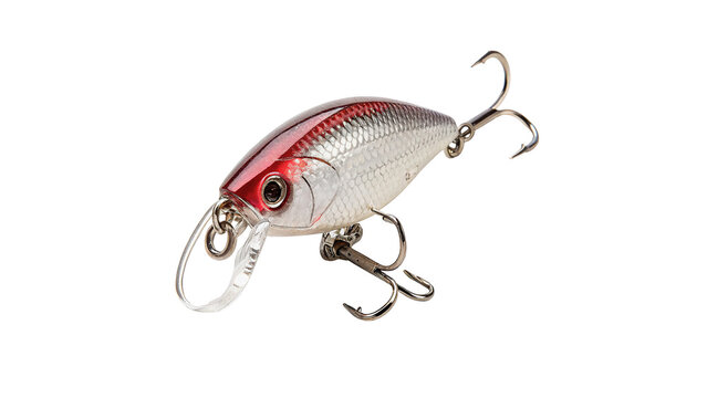 Red and silver lipless rattle bait fishing wobbler isolated on transparent background for predatory jig spinning