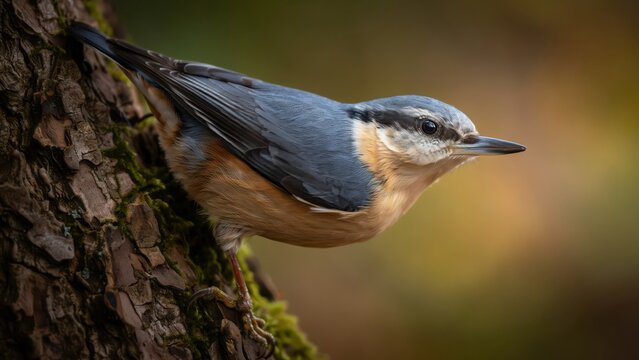 Small nuthatch bird climbing on a tree trunk in the forest