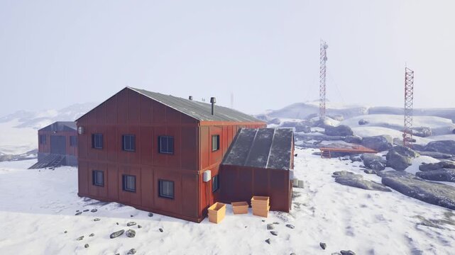Remote red house in snowy tundra, communications outpost vibe with tall radio masts and rusted chimneys, scattered storage barrels and crates near snowpacked