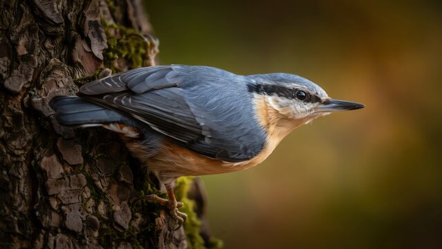 Nuthatch bird perched on a tree trunk in the forest