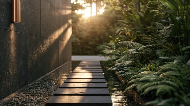 Sunlight streams through lush foliage, illuminating a tranquil stepping stone path
