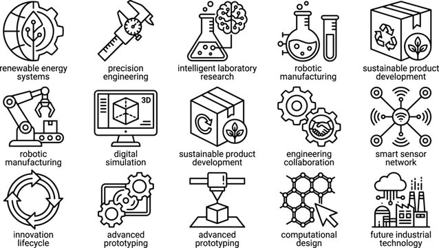 Sustainable Technology and Precision Engineering Line Icon Set for Renewable Energy and Industrial Innovation Concepts