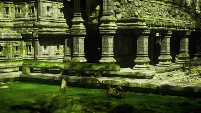 Moss covered temple reflecting in pond, still emerald water mirrors crumbling columns and carved lintels, algaestreaked stones and lush canopy filter warm