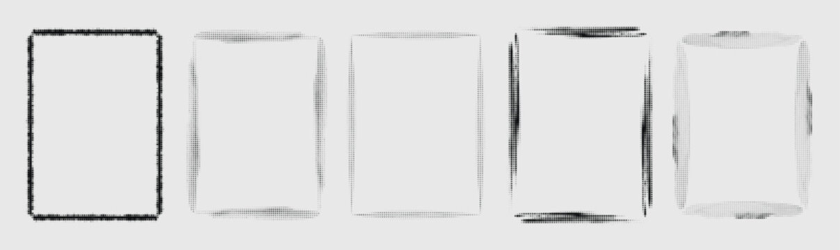 Halftone border frames vector set with distressed ink edges, dot texture and rough rectangular outlines for posters, flyers, banners and photo layouts