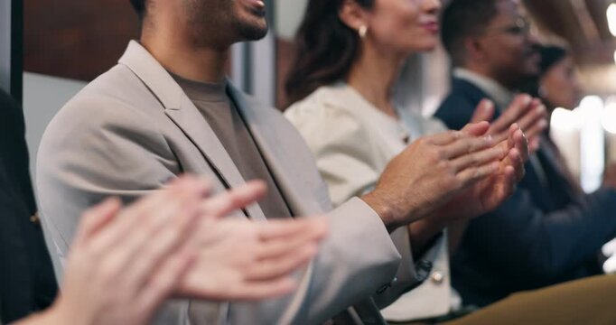 People, meeting or hands with applause for business success, presentation or seminar together. Group, employees or audience clapping in row for corporate workshop, speech or conference in workplace