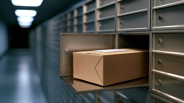 Cardboard box being retrieved from an open metal mailbox locker in a long corridor filled with rows of individual mail slots, representing modern mail delivery and security