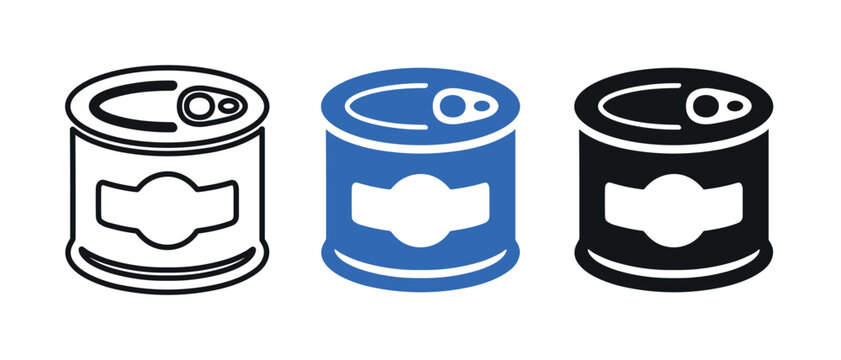 Three simple stylized food cans with pull tabs are depicted in a row, featuring outline, blue, and black fill variations on a clean white background