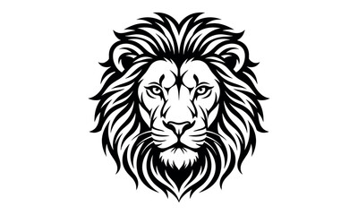 Fototapeta premium A detailed black and white line art illustration of a majestic lion head facing forward on white background