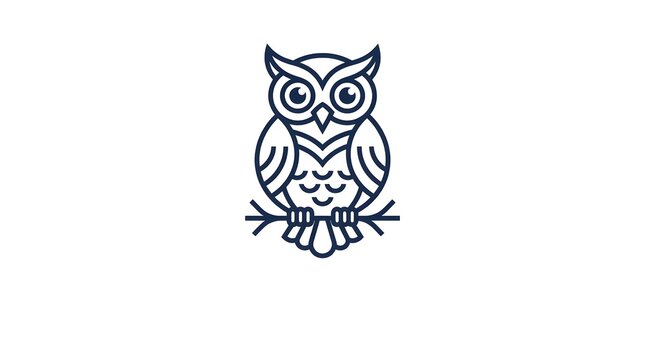 Minimalist line art vector illustration of a stylized owl perched on a branch, featuring clean geometric shapes and modern monoline design isolated on a white background.