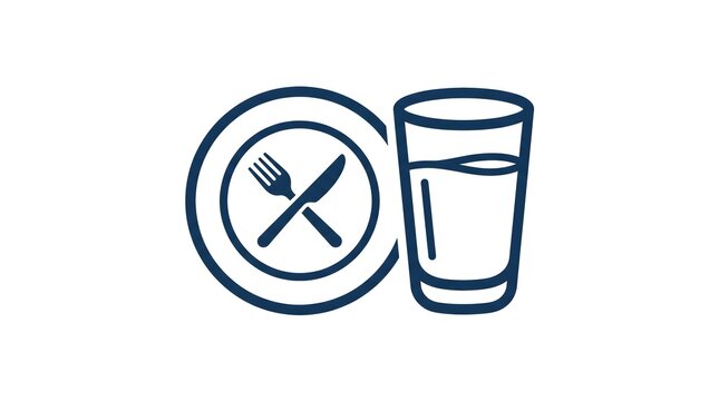 Minimalist dark blue line vector icon depicting a dinner plate with a crossed fork and knife inside, placed next to a glass of water filled halfway, isolated on a clean white background