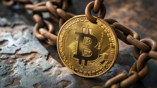 A golden bitcoin coin secured by rusty chains on a weathered concrete surface, symbolizing cryptocurrency risk and financial uncertainty in the digital age