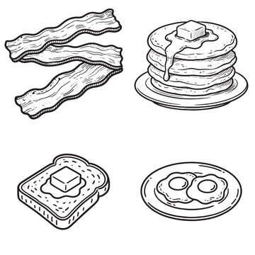 Breakfast food vector icon set with hand drawn sketch of pancakes bacon toast and fried eggs