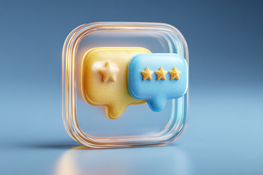 Colorful 3D chat bubbles with stars, vibrant yellow and blue feedback icons, perfect for user reviews and social media engagement
