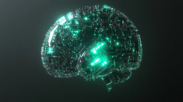 Futuristic glowing brain made of digital circuitry, representing artificial intelligence, neural networks, and complex data processing systems