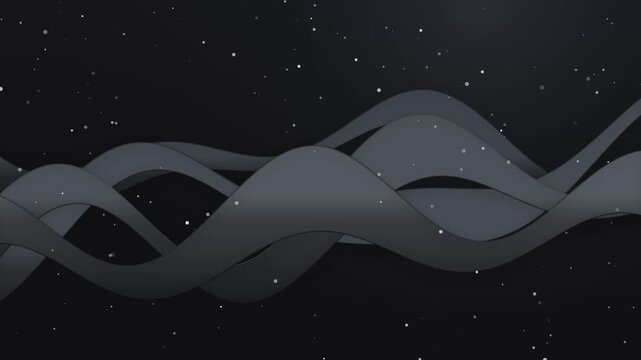 Abstract black wave background with floating particles, dark elegant flowing ribbons, minimalist charcoal motion graphics for corporate video
