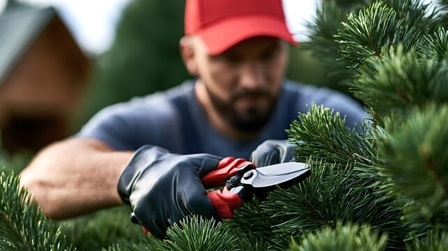 Gardener in gloves and red cap carefully trimming thick branches of a conifer tree using gardening shears, providing essential maintenance and landscaping services outdoors during the day