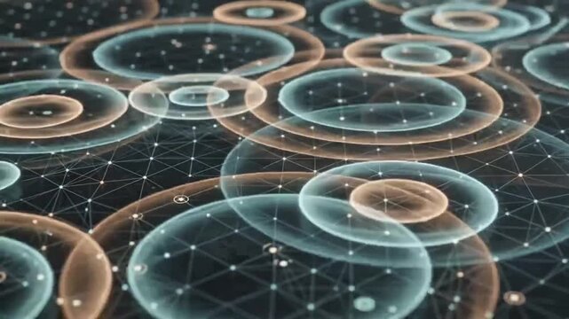 Abstract digital network background with glowing concentric circles and interconnected nodes, representing data, signals, or energy waves.