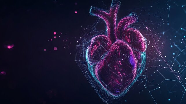 Glowing neon heart made of interconnected digital lines and dots, representing cardiology, health, and the human circulatory system&rsquo;s vital function
