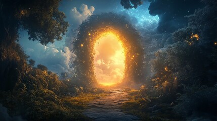 Obraz premium A magical glowing portal framed by lush green foliage and ancient trees, leading to a bright, ethereal realm beyond the forest's embrace