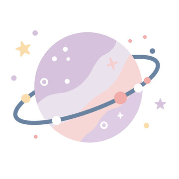 Cute pastel saturn planet illustration with rings and stars transparent png