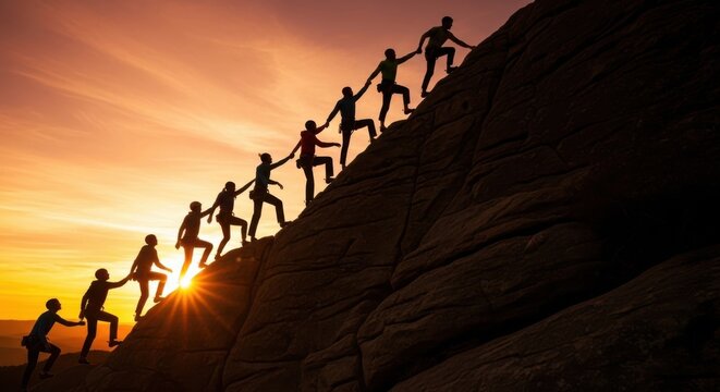 Team climbing mountain at sunset. Group of people helping each other reach the peak.