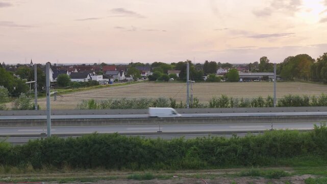 Aerial view of the eHighway test track with overhead power lines for trucks above the highway traffic in Weiterstadt, Hessen, Germany.