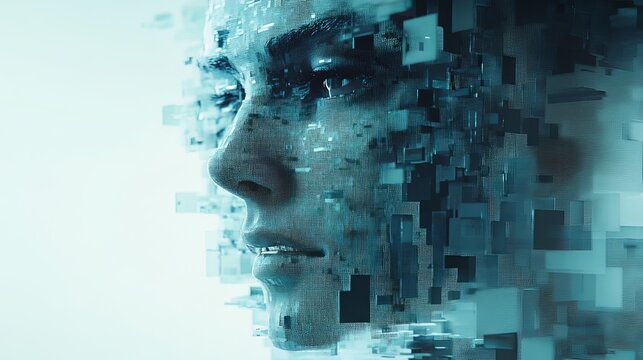 Abstract digital portrait of a human face, showcasing a futuristic blend of technology, data streams, and artificial intelligence concepts
