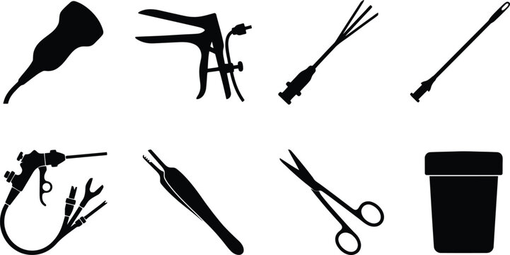 Gynecological and Surgical Instruments Icon Set Featuring Vaginal Speculum Ultrasound Transducer Laparoscopic Tools Scissors Tweezers and Specimen Container Vector Icons