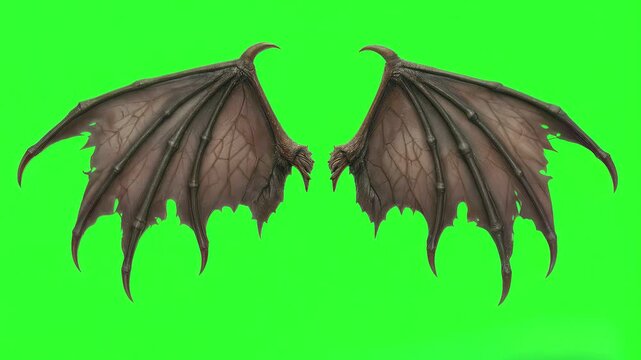 Dragon wings flapping against green screen background. Fantasy creature body parts for visual effects and CGI production.