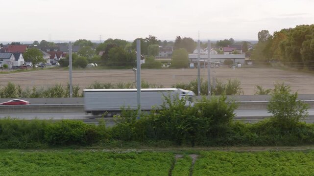 Aerial view of the eHighway test track with overhead power lines for trucks above the highway in Weiterstadt, Hessen, Germany.