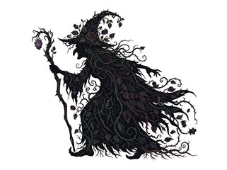 Obraz premium Silhouette of a Mysterious Witch with Staff and Nature Elements.