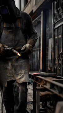 Urban metalworker welding decorative steel railing beside sidewalk with bright sparks, heated metal, glowing weld point, industrial tools, protective gear, and street-level worksite detail
