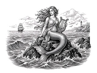 Intricate Mermaid Illustration Sitting on Rocky Shore. © Footage_creative