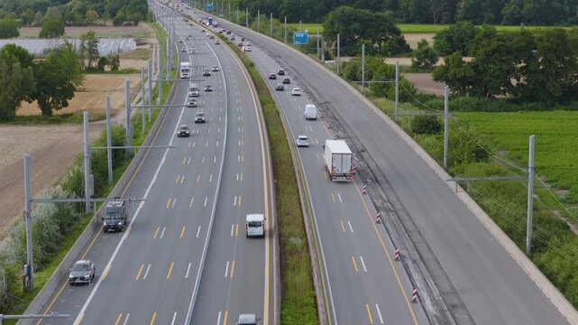 Aerial view of Teststrecke Oberleitung fur LKW on the highway in Weiterstadt, Hessen, Germany.