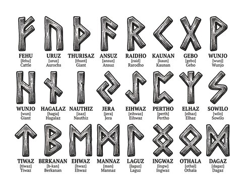Illustration of Ancient Runes and Symbols in Black and White.