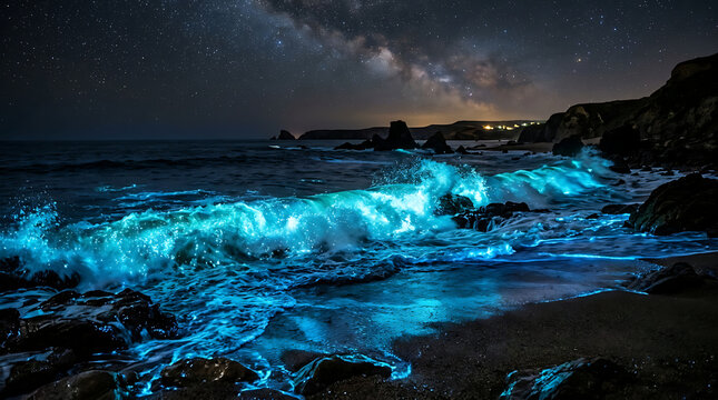Bioluminescent waves crashing at night. Glowing blue tide under a starry milky way sky.